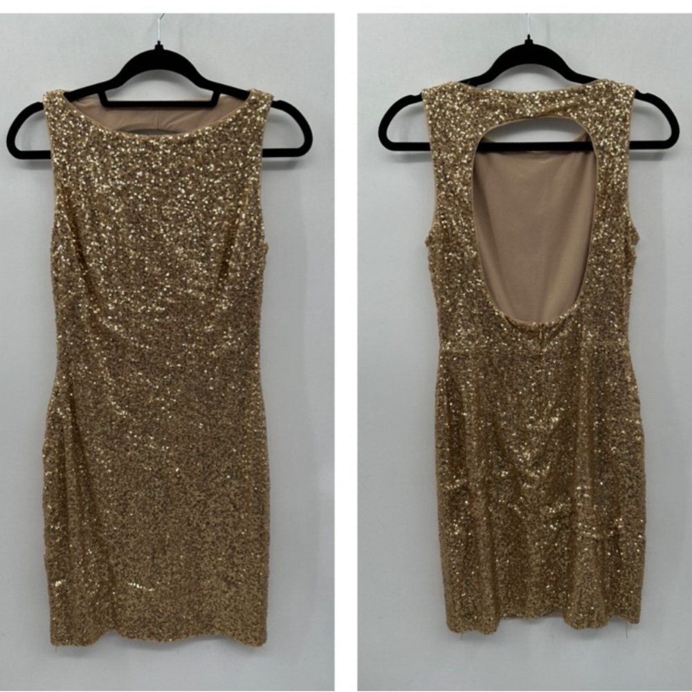LAUREN RALPH LAUREN Gold sequin open back elegant midi length evening dress 6